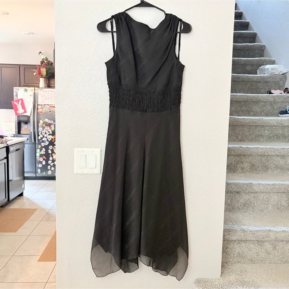 Bisou Bisou Black Metallic Pinstripe Smocked Waist Handkerchief Hem Dress SIZE 8 - Picture 9 of 9